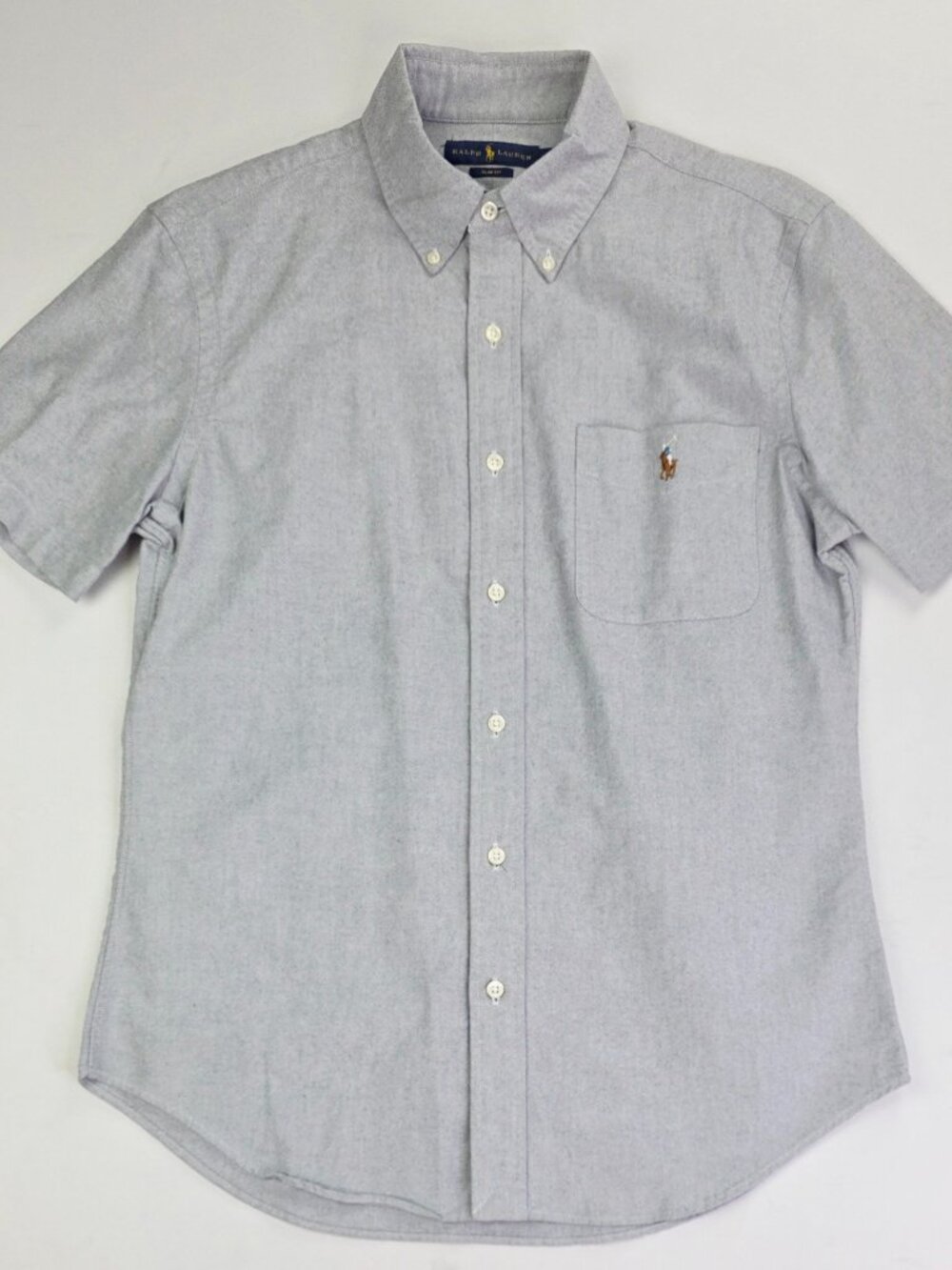 Ralph Lauren Slim Fit Mens Size Medium Gray Short Sleeve Button Down Logo Shirt
